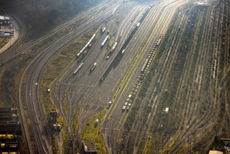 Aerial view, freight station with tracks in fog with backlight, Pelkum district, Hamm, Ruhr area,