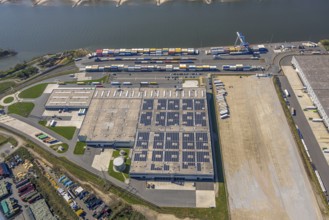 Aerial view, Duisburg-Nord, duisport logport VI Walsum on the river Rhine, container loading
