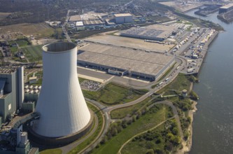 Aerial view, Duisburg-Nord, duisport logport VI Walsum, logport 6, STEAG Walsum power plant on the