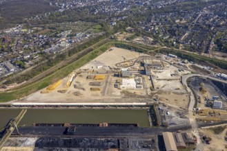 Aerial view, construction area with building site at the southern harbour, direct reduction plant
