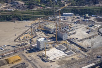 Aerial view, construction area with building site at the southern harbour, direct reduction plant
