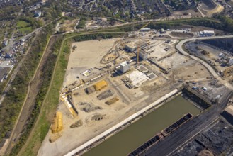 Aerial view, construction area with building site at the southern harbour, direct reduction plant