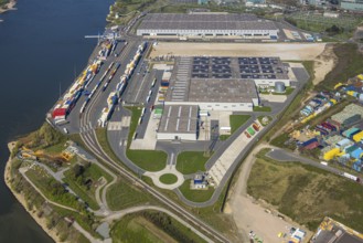 Aerial view, Duisburg-Nord, duisport logport VI Walsum on the river Rhine, Alt-Walsum, Duisburg,