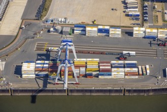 Aerial view, Duisburg-Nord, duisport logport VI Walsum, logport 6 on the river Rhine, container
