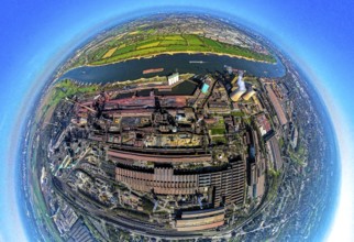 Aerial view, Hüttenwerke Krupp Mannesmann HKM on the river Rhine, coking plant and cooling towers
