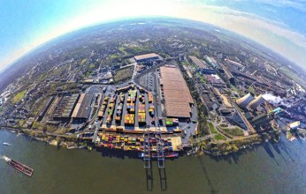 Aerial view, duisport harbour, logport II Wanheim, logport 2, container terminal on the river Rhine