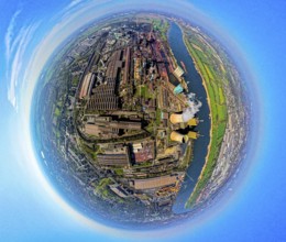 Aerial view, Hüttenwerke Krupp Mannesmann HKM on the river Rhine, coking plant and cooling towers