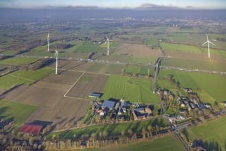 Aerial view, housing estate district Freiske and wind turbines Wind turbines at the motorway A2