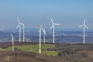 Aerial view, wind turbine park at Stoppelberg, distant view, Hohenlimburg, Hagen, Ruhr area, North