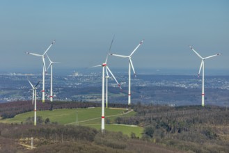 Aerial view, wind turbine park at Stoppelberg, distant view, Hohenlimburg, Hagen, Ruhr area, North