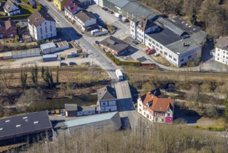 Aerial view, railway crossing Osemundstraße and bridge over the river Volme, Volme bridge on the