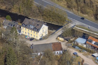 Aerial view, Roland-Volme road with bridge over the Volme river, Volme bridge on the B54