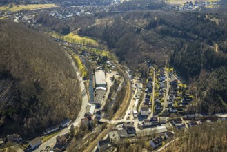 Aerial view, railway crossing Osemundstraße and bridge over the river Volme, Volme bridge on the