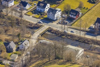 Aerial view, railway crossing Rehbecke and bridge over the river Volme, Volme bridge at the federal
