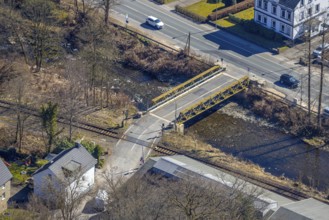 Aerial view, railway crossing Rehbecke and bridge over the river Volme, Volme bridge at the federal