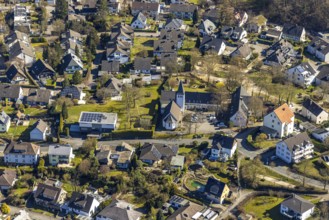 Aerial view, district Holthausen village centre with Evang-Luth. Gnadenkirche, Hohenlimburg, Hagen,