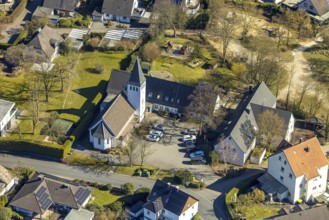 Aerial view, district Holthausen village centre with Evang-Luth. Gnadenkirche, Hohenlimburg, Hagen,