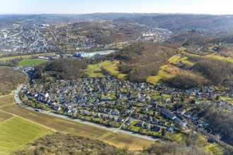 Aerial view, residential area, view of Holthausen district, hilly landscape and wooded area,