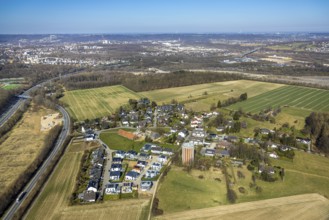 Aerial view, residential area, view of Haßley district with water tower, residential area at the