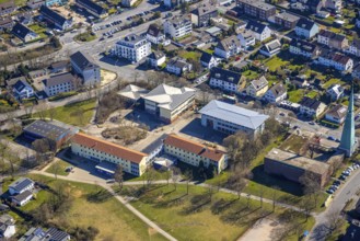 Aerial view, Halden secondary school and KEO school, Evangelical Lutheran St Matthew's Church,