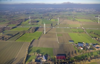 Aerial view, housing estate district Freiske and wind turbines Wind turbines at the motorway A2