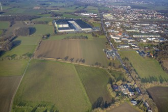 Aerial view, Edeka logistics centre Hamm on the A2 motorway, green spaces Werler Straße and in
