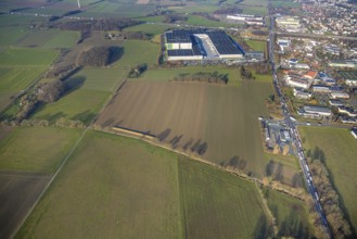 Aerial view, Edeka logistics centre Hamm on the A2 motorway, green spaces Werler Straße and in
