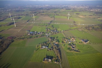 Aerial view, housing estate district Freiske and wind turbines Wind turbines at the motorway A2