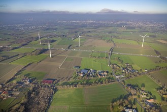 Aerial view, housing estate district Freiske and wind turbines Wind turbines at the motorway A2