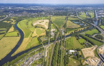 Aerial view, Ruhrbogen with energy park Styrumer Ruhrbogen wind turbine and large Ruhr island,