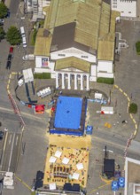 Aerial view, swimming pool in front of the municipal theatre, sandy area for gastronomy, old town,
