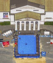 Aerial view, swimming pool in front of the municipal theatre, old town, Duisburg, Ruhr area, North