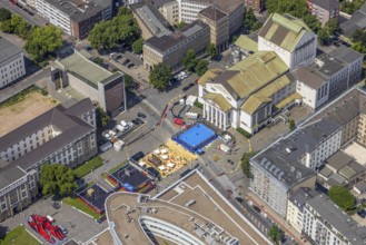 Aerial view, swimming pool in front of the municipal theatre, sandy area for gastronomy, old town,