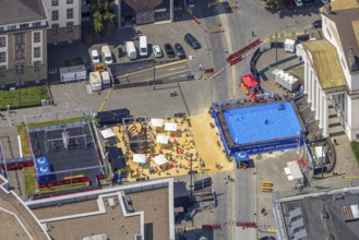 Aerial view, swimming pool in front of the municipal theatre, sandy area for gastronomy, old town,