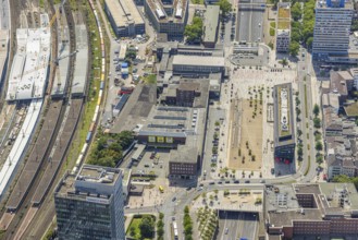 Aerial view, central station, Portsmouthplatz station forecourt, Dellviertel, Duisburg, Ruhr area,