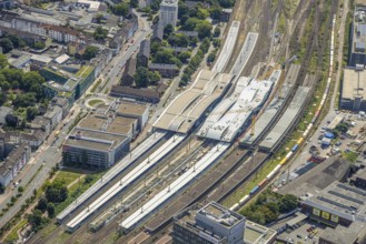 Aerial view, construction site of the main railway station, area between the new track hall and
