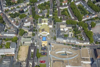 Aerial view, swimming pool in front of the municipal theatre, sandy area for gastronomy, City