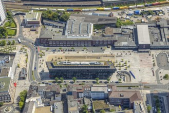 Aerial view, central station, Portsmouthplatz station forecourt, Dellviertel, Duisburg, Ruhr area,