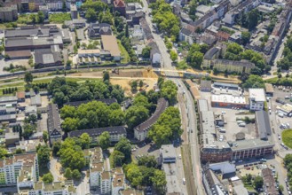Aerial view, construction site at Dellviertel and new construction of a bridge over Heerstraße,