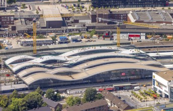 Aerial view, construction site of the main railway station, area between the new track hall and
