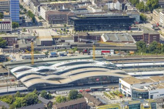 Aerial view, construction site of the main railway station, area between the new track hall and