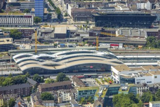 Aerial view, construction site of the main railway station, area between the new track hall and