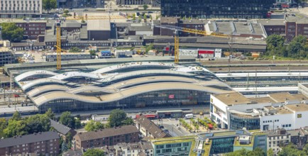 Aerial view, construction site of the main railway station, area between the new track hall and