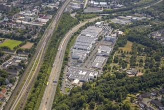 Aerial view, Keniastrasse industrial estate, A59 motorway with Großenbaum junction, railway tracks,
