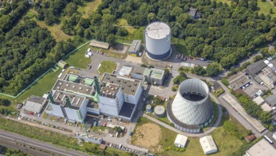 Aerial view, cogeneration plant HKW III Stadtwerke Duisburg, district heating storage and cooling
