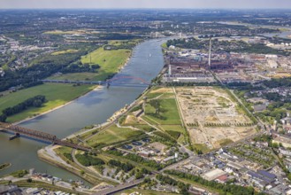 Aerial view, Rheinpark Duisburg on the river Rhine and planned residential complex RheinOrt