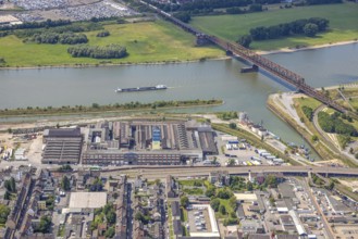 Aerial view, Hochfeld railway bridge over the river Rhine, cult harbour and Alga site, planned