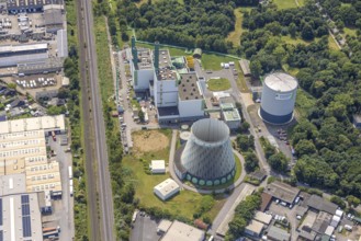 Aerial view, cogeneration plant HKW III Stadtwerke Duisburg, district heating storage and cooling