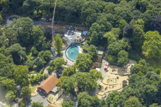 Aerial view, Duisburg Zoo, sea lion enclosure and construction site with modernisation and