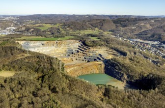 Aerial view, Steltenberg quarry with geological trail and lake, Hohenlimburg, Hagen, Ruhr area,